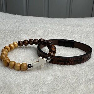 Brown Leather Cross Embossed Bracelet & Combo Tiger Strip Wood Beaded Bracelet